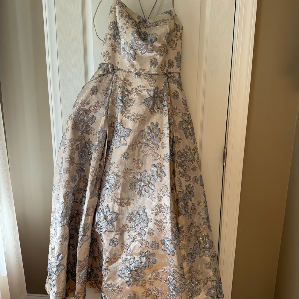 Blondie Nites Cream and Blue Floral Prom Dress